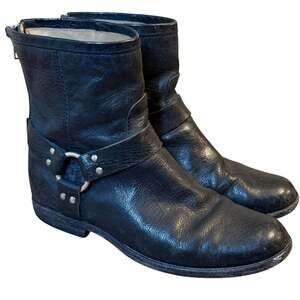Frye Phillip Harness Short Moto Boots Leather Buckle Zip-Up Black Women's 9.5B